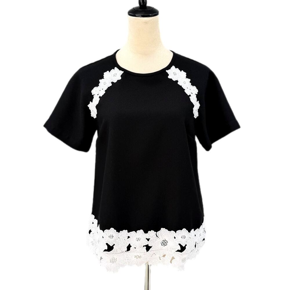 Kate Spade Black & White Floral Applique Trim Crepe Zip Short Sleeve Blouse Top